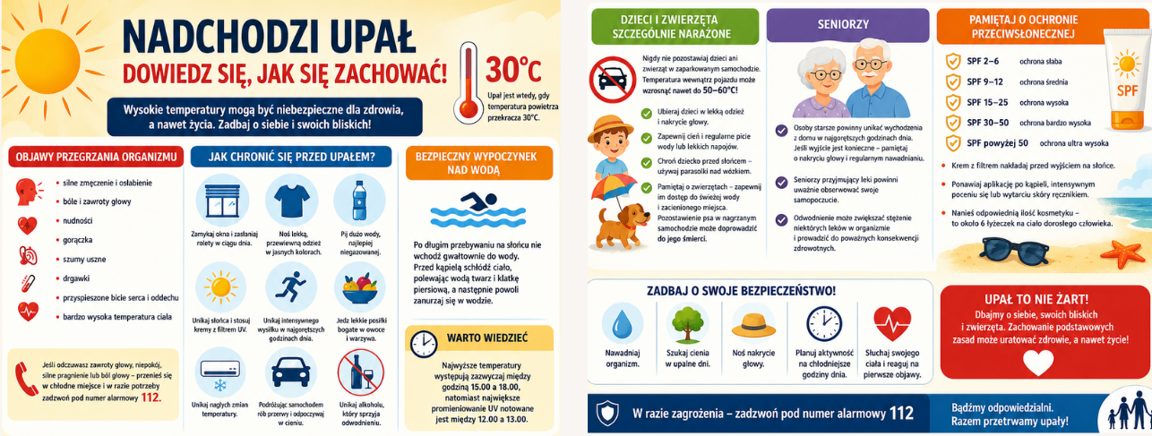 Nadchodzi upał jak się zachować i chronić przed słońcem Grafika informuje o zagrożeniach związanych z upałem i sposobach ochrony. Zawiera objawy przegrzania, porady dotyczące ochrony przed słońcem, bezpieczeństwa nad wodą, ochrony dzieci, seniorów i zwierząt, a także wskazówki dotyczące stosowania kremów z filtrem UV.